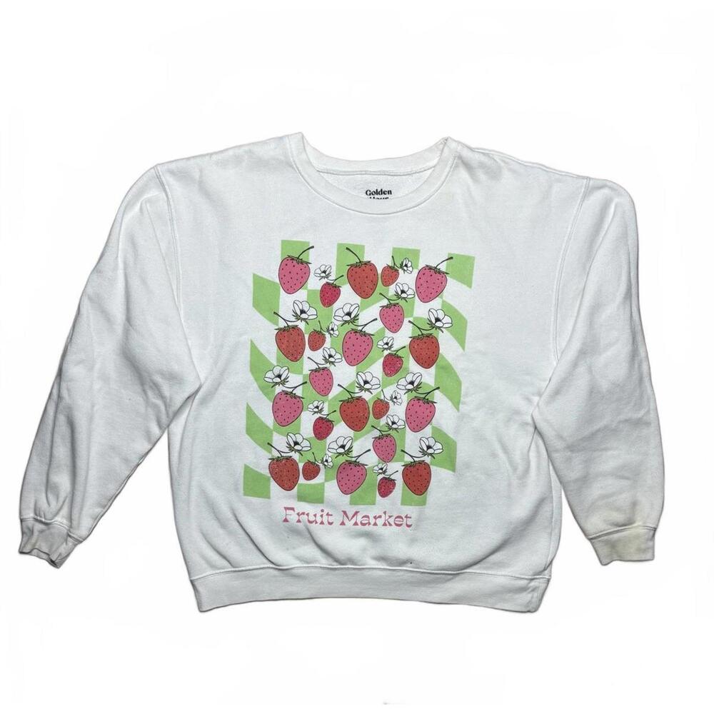 Golden Hour Strawberry Floral Fruit Market White Light Pullover Sweater Medium